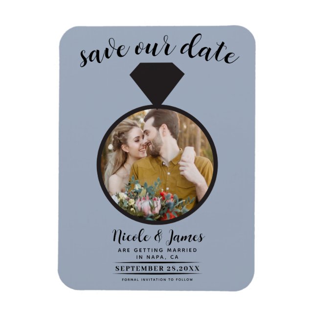 Imán Dusty Blue Boda Ring Photo Save the Date (Vertical)
