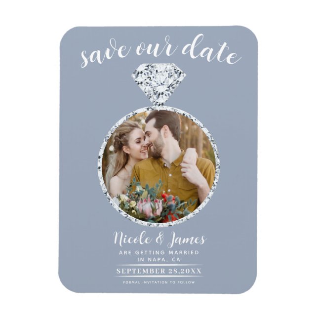 Imán Dusty Blue Diamond Ring Bling Photo Save the Date (Vertical)