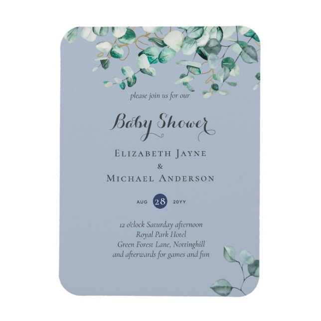 Imán Dusty Blue Eucalyptus Greenery BABY SHOWER invita (Vertical)