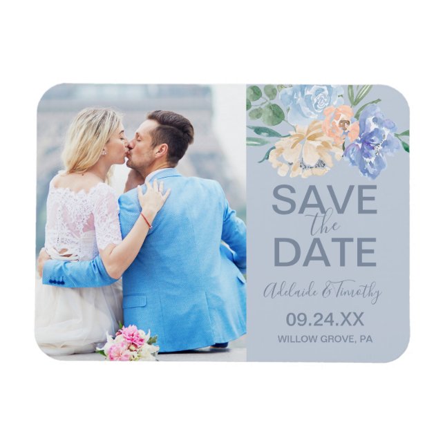Imán Dusty Blue Florals | Slate Photo Save the Date (Horizontal)