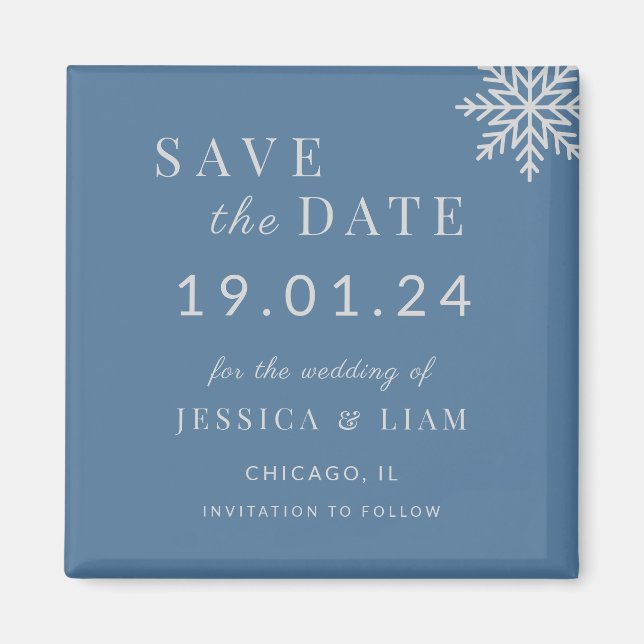 Imán Dusty Blue Winter Wedding Save the Date (Frente)