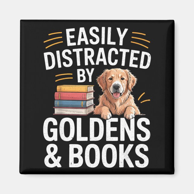 Imán Easily Distracted By Goldens &amp; Books - Golden  (Frente)