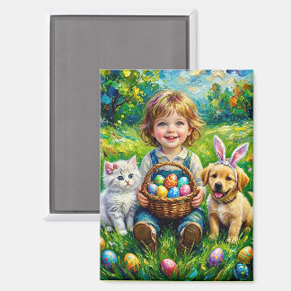 Imán ~ EASTER Child Puppy Kitten Eggs ~  Magnet