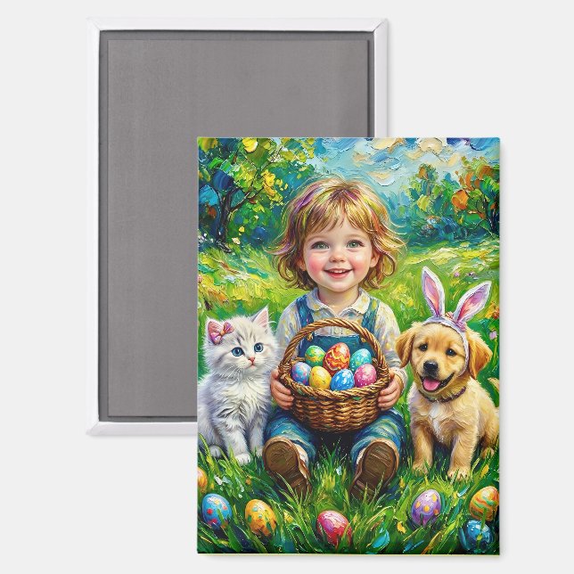 Imán ~ EASTER Child Puppy Kitten Eggs ~  Magnet (Anverso/Reverso)