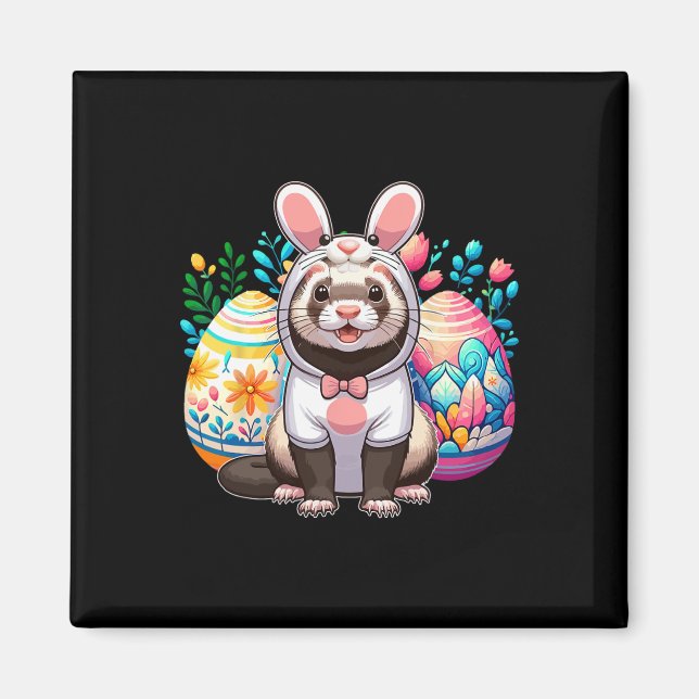 Imán Easter Ferret Cosplay Bunny Hunting Colorful Eggs (Frente)