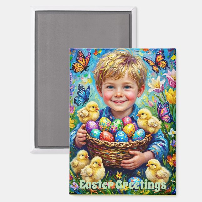 Imán ~ EASTER GREETINGS ~ Child Chicks Eggs ~  Magnet (Anverso/Reverso)