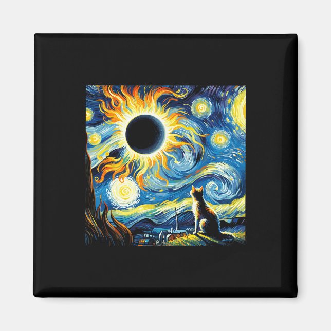 Imán Eclipse Solar Total 2024 Gato Starry De Van Gogh (Frente)