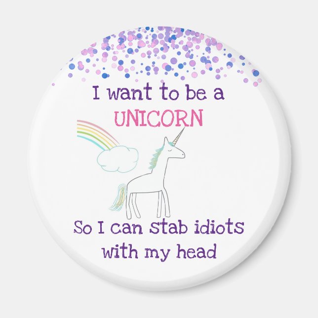 Imán Edgy Unicorn con arcoiris y confetti graciosos (Frente)