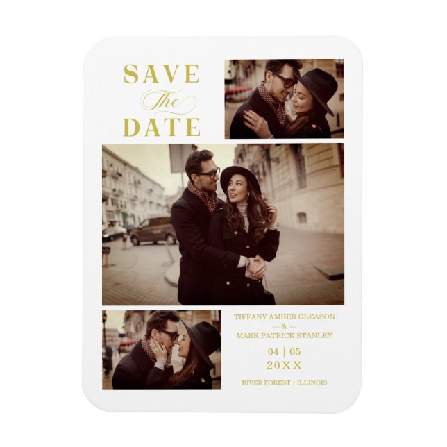 Imán Efecto dorado Boda de fotos de 3 Personalizados (Vertical)