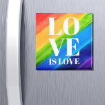 Imán El amor es amor, orgullo gay arcoiris<br><div class="desc">Este imán del Orgullo Gay está decorado con LOVE IS LOVE en letras blancas en negrita sobre un fondo de arcoiris color agua de rojo,  naranja,  amarillo,  verde,  azul y morado. Acuarela original © Michele Davies.</div>