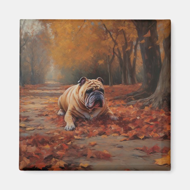 Imán El bulldog en otoño se inspira en las hojas (Frente)