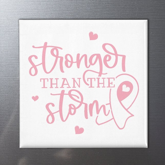 Imán El cáncer de mama es más fuerte que la tormenta (A pink ribbon magnet for breast cancer survivors and warriors that says "Stronger than the storm".)