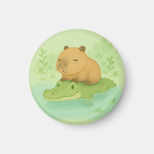 Imán El capibara lindo en un regalo de cocodrilo verde 