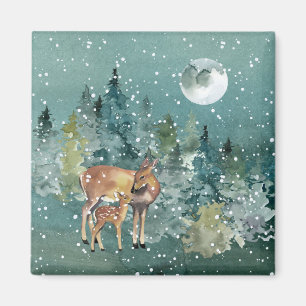 Imán El ciervo Doe y Fawn en la nieve de la luna llena