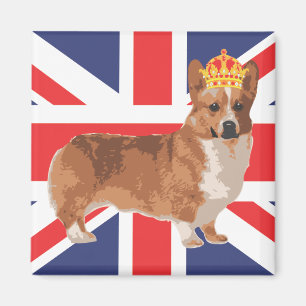Imán El Corgi de la Reina con corona y Union Jack