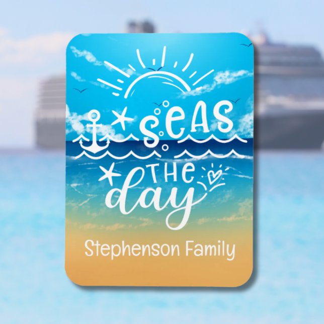 Imán El crucero del día en Sandy Beach (Customized Seas The Day | Cruise Door Magnet)