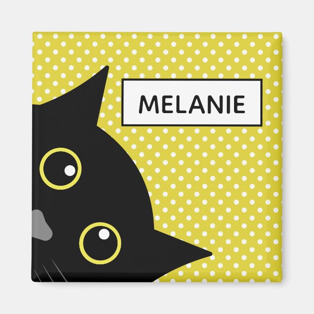 Imán El curioso gato negro amarillo polka punto persona (Frente)