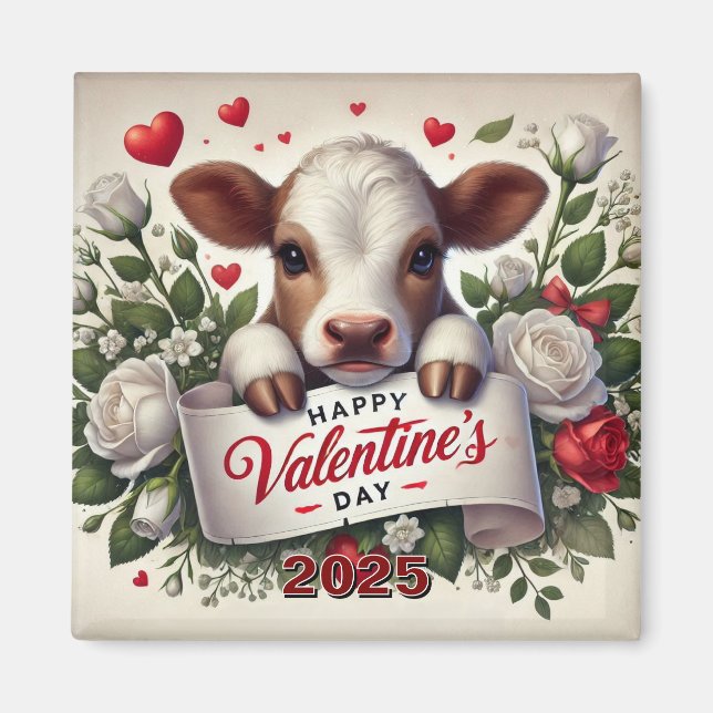 Imán El día de San Valentín Calf con arreglo floral (Frente)