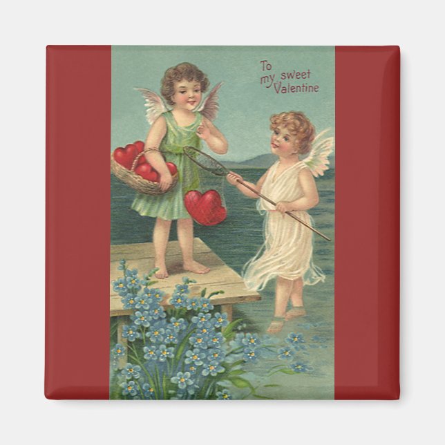 Imán El día de San Valentín de época, ángeles pescando  (Frente)