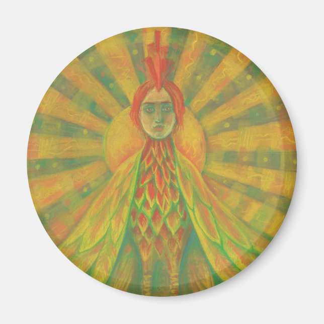 Imán "El Fénix", pájaro sol, diosa, amarillo y naranja, (Frente)