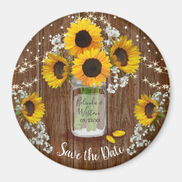 Imán El girasol rustico Mason Jar Save the Date Boda