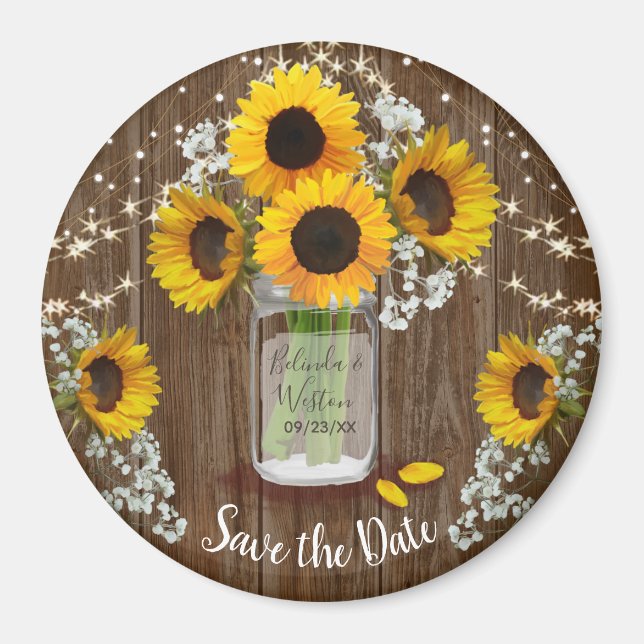 Imán El girasol rustico Mason Jar Save the Date Boda (Frente)