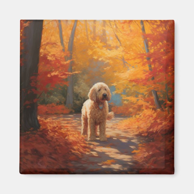 Imán El Goldendoodle en otoño se inspira en las hojas (Frente)