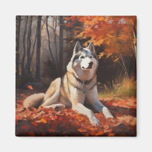 Imán El Husky Siberiano en otoño se inspira en las hoja