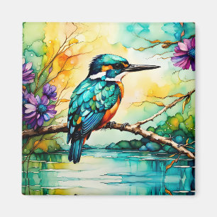 Imán El Kingfisher sobre el agua y las flores silvestre