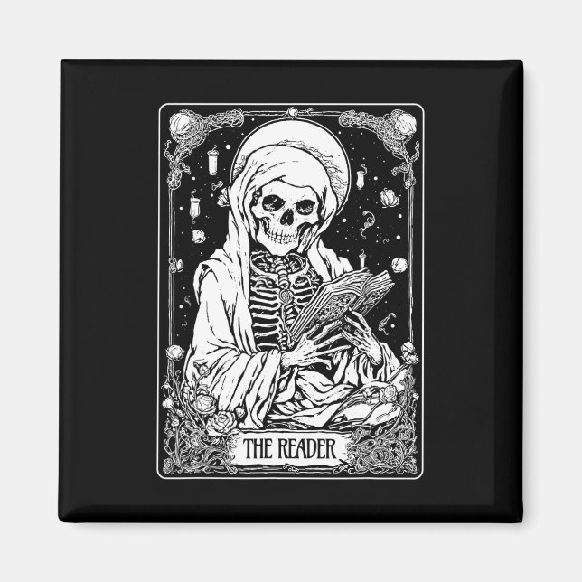Imán El lector Tarot Card Skeleton Bookish Halloween S (Frente)
