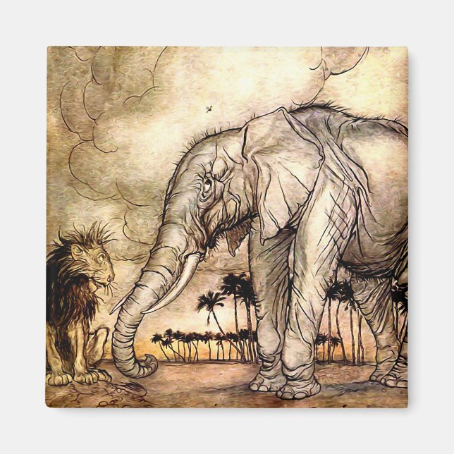 Imán “El león y el elefante” de Arthur Rackham (Frente)