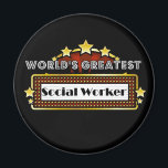 Imán El mayor trabajador social del mundo<br><div class="desc">Los mayores Camisetas, ropa y regalos de los trabajadores sociales del mundo son la ocupación ideal y los regalos de reconocimiento a los empleados además de regalos para todas las ocasiones. Este singular diseño de marquesina muestra la ocupación y la profesión rodeadas de luces de neón y estrellas. Disponible en...</div>
