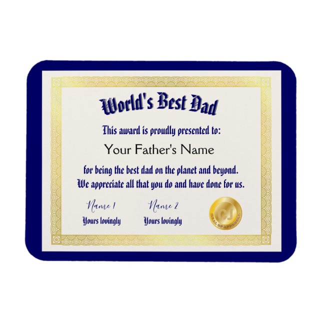 Imán El mejor certificado de papá de un mundo gracioso (Horizontal)