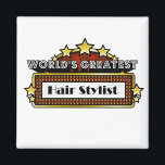 Imán El mejor estilista del mundo<br><div class="desc">Los mejores Camisetas, ropa y regalos de Hair Stylist del mundo son regalos ideales para el reconocimiento de empleos de los empleados, además de regalos para todas las ocasiones. Este singular diseño de marquesina muestra la ocupación y la profesión rodeadas de luces de neón y estrellas. Disponible en tazas, imanes,...</div>