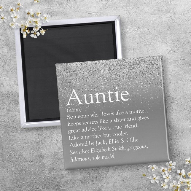 Imán El mejor Purpurina de plata en definición de tía d (World's Best Aunt Auntie Definition Silver Glitter Magnet)