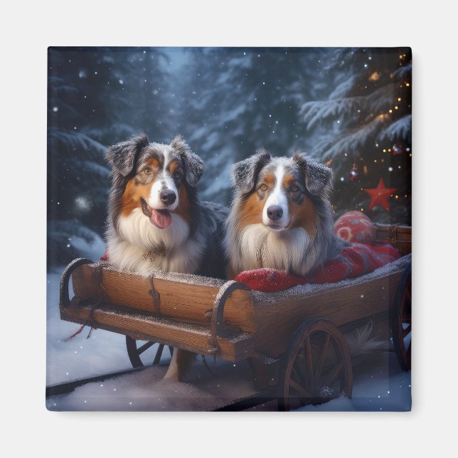 Imán El pastor australiano Snowy Sleigh Navidades Decor (Frente)