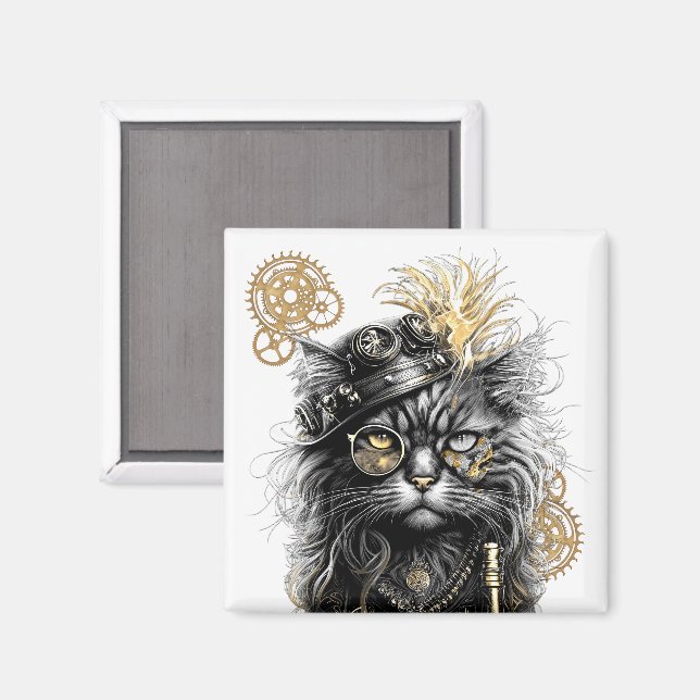 Imán El profesor Sprocket-Paws  El gato steampunk funky (Anverso/Reverso)