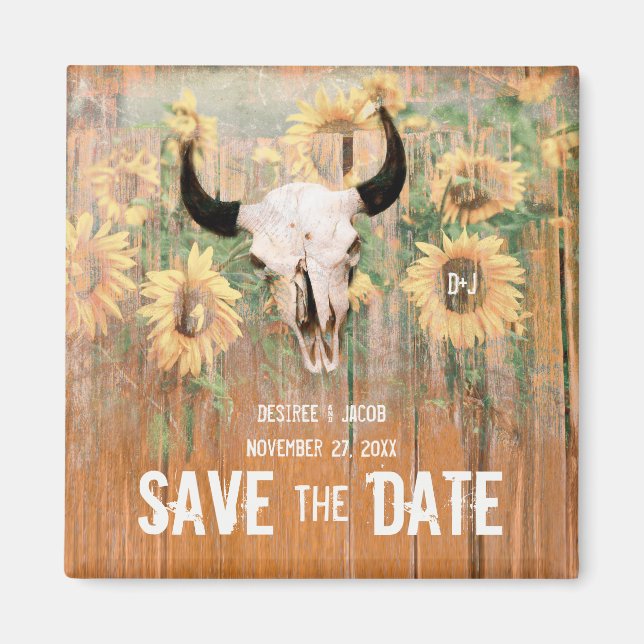 Imán El Rústico Boda Sunflowers Bull Skull Ahorra La Fe (Frente)