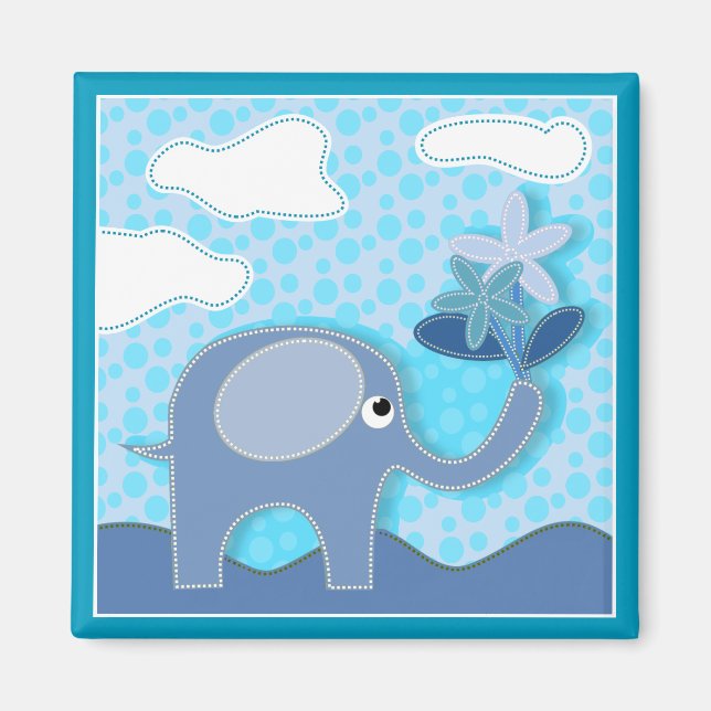 Imán Elefante azul bebé y flores (Frente)