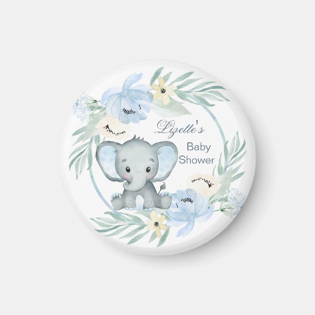 Imán Elefante azul floral Baby Shower (Frente)
