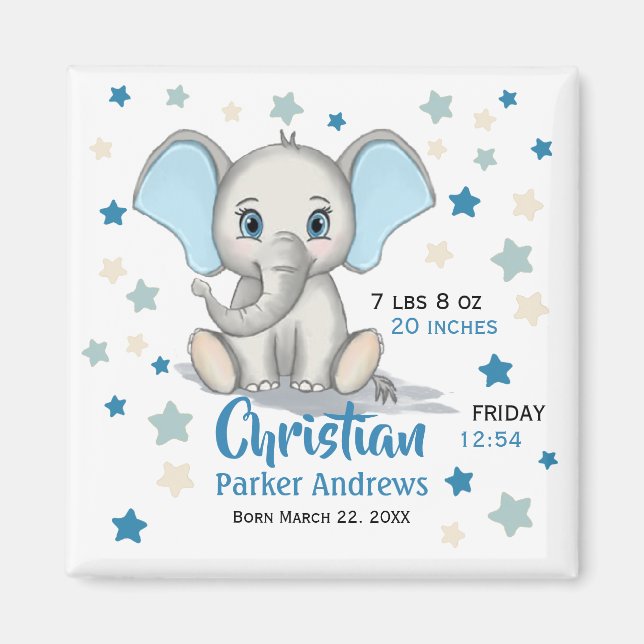 Imán Elefante bebé lindo con estadísticas de nacimiento (Frente)