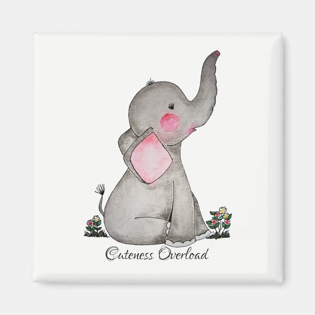 Imán Elefante De Bebé Cuto De Acuarela Con Rubor Y Flor (Frente)