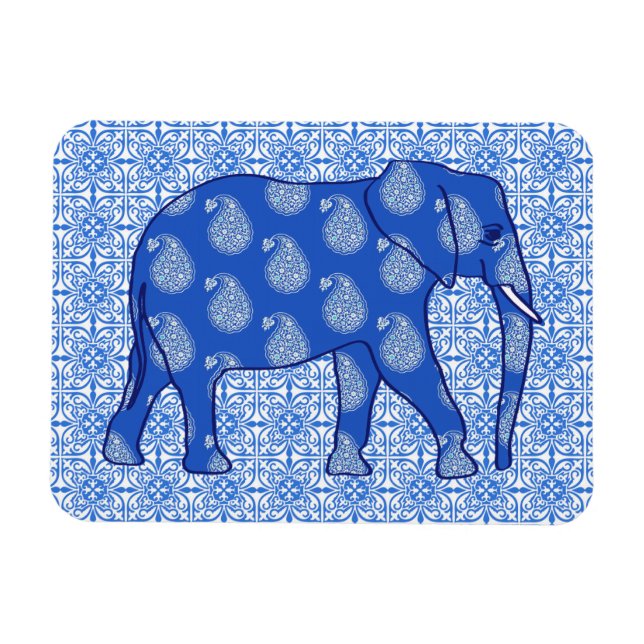 Imán Elefante de cachemir - azul cobalto y blanco (Horizontal)