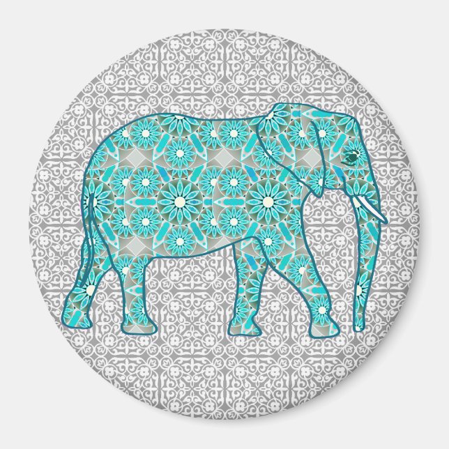Imán Elefante de flores de Mandala - turquesa, gris y b (Frente)
