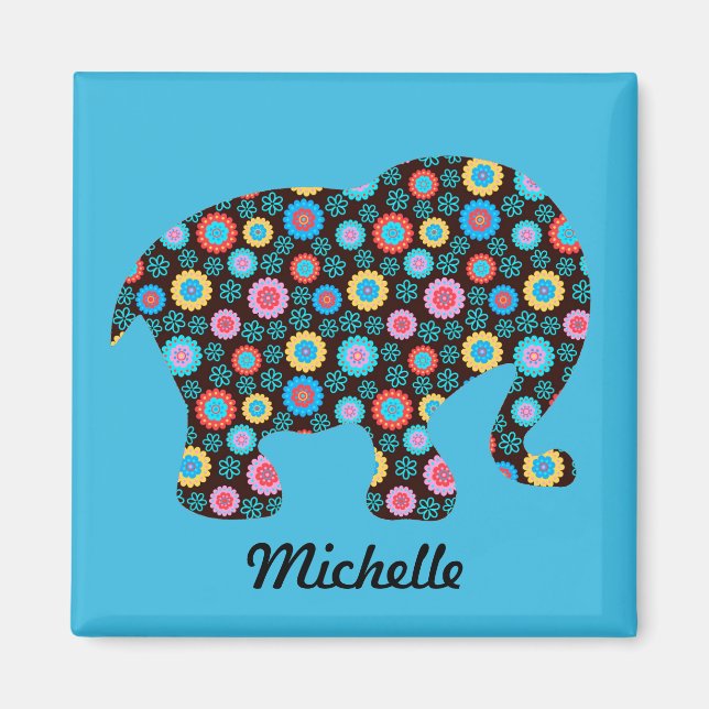 Imán Elefante de patrón de flores sobre azul personaliz (Frente)