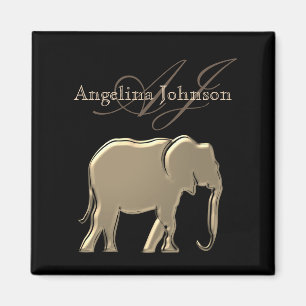 Imán Elefante Dorado Negro Monograma Elegante Lujoso