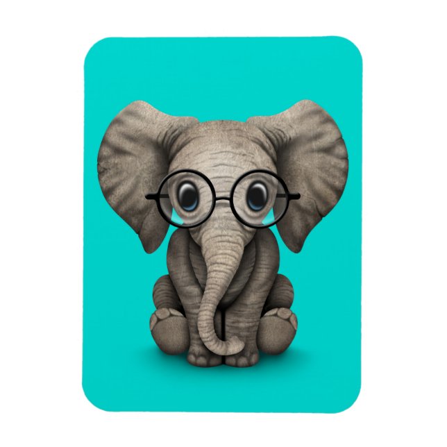 Imán Elefante lindo bebé con lentes de lectura azul (Vertical)
