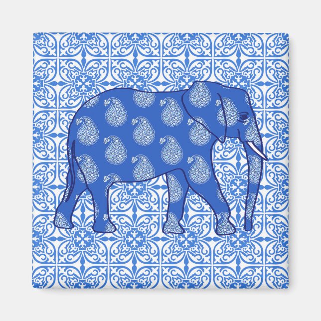 Imán Elefante paisley - azul cobalto y blanco (Frente)