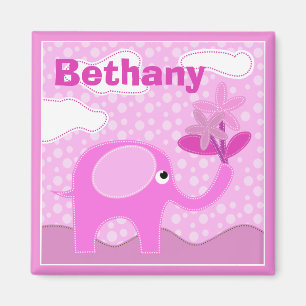 Imán Elefante rosa bebé y flores personalizadas