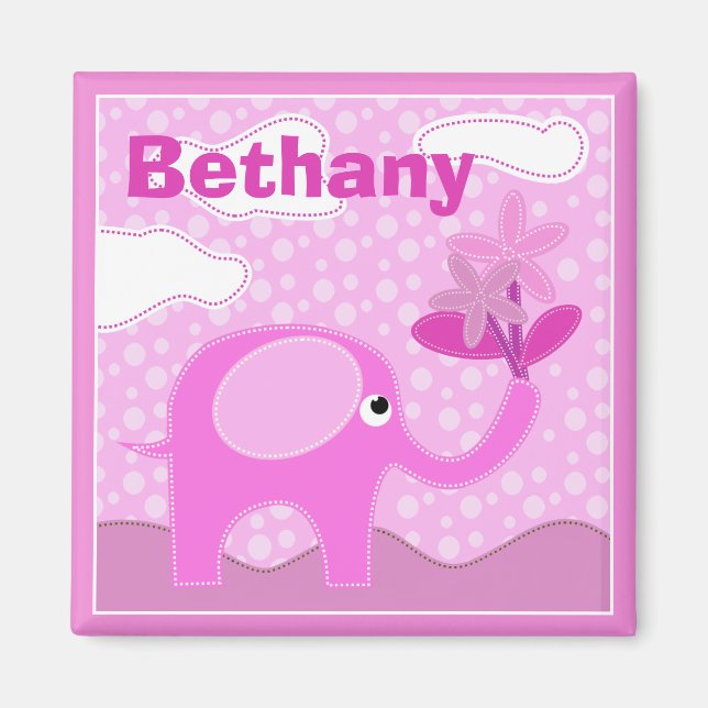 Imán Elefante rosa bebé y flores personalizadas (Frente)